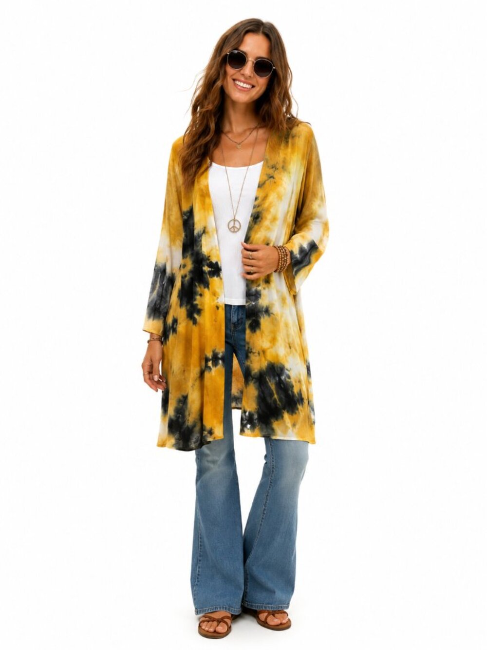 VIBE Gold, White & Navy Blue Tie-dye Long Cardigan, Size Medium